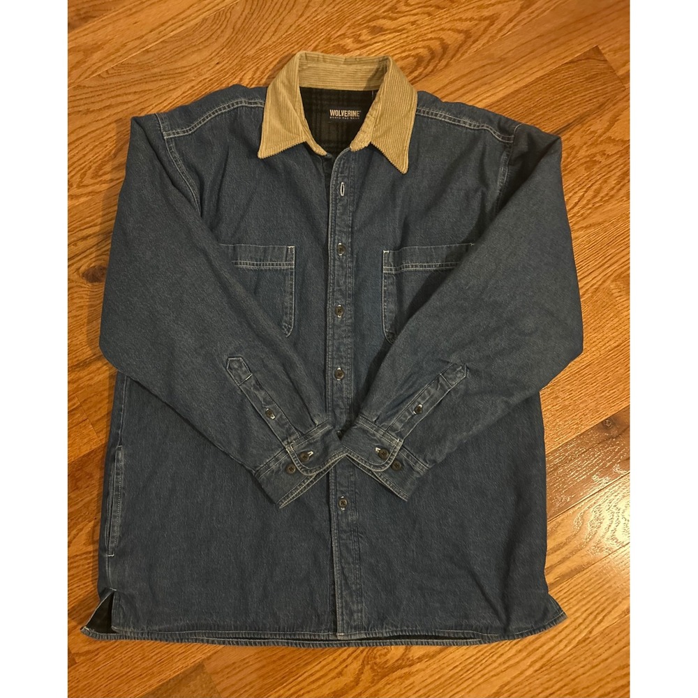 Wolverine Mens Denim Flannel Lined Shirt Jacket Corduroy Collar Blue Large
